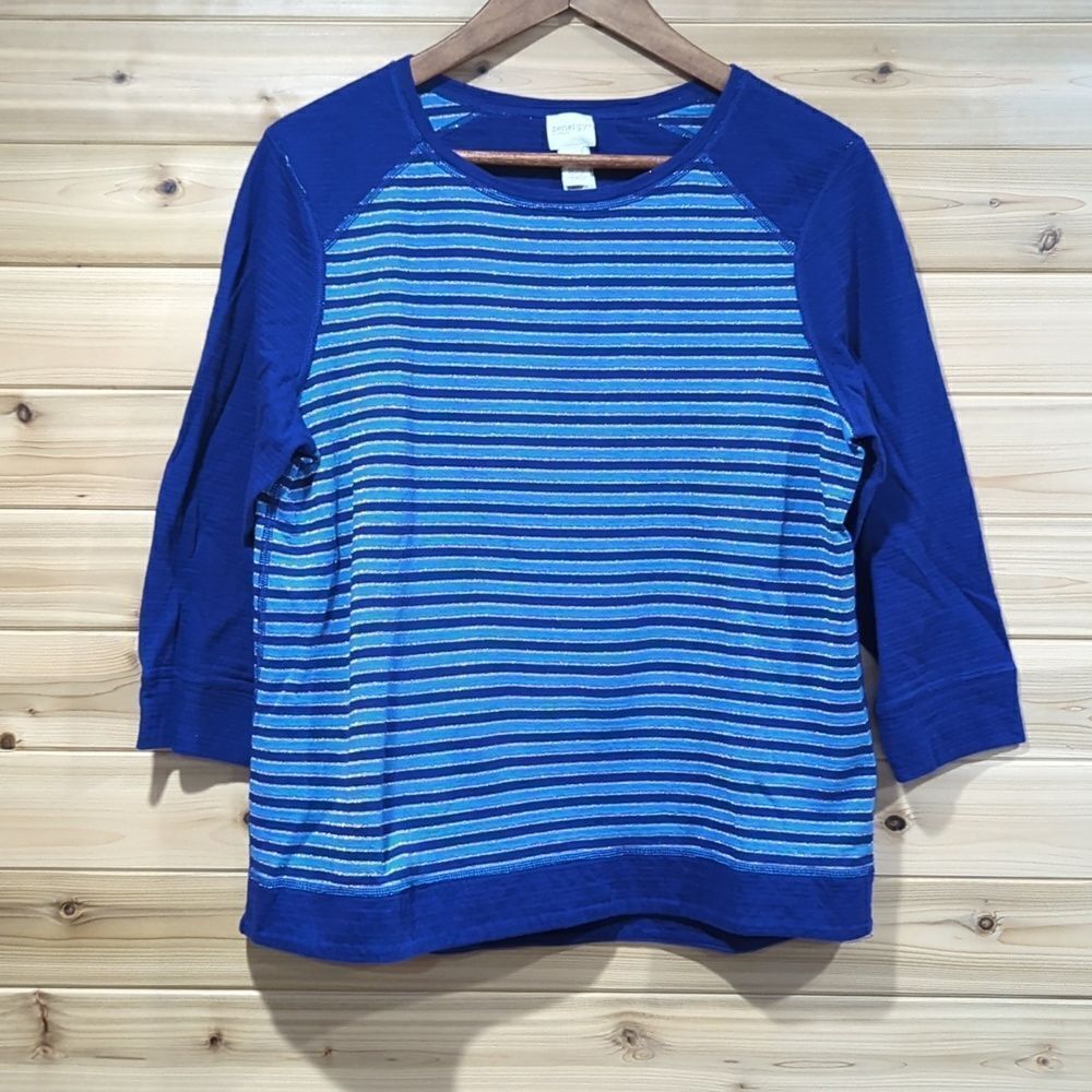Chico's Top Womens Large Blue Metallic Striped Casual Size 2‎